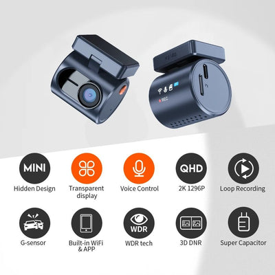 Two car dash cameras with features listed on a white background