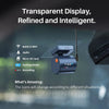 Car dashboard camera with transparent display and various features highlighted on a blurred background.