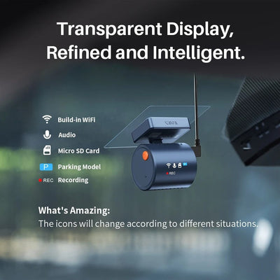Car dashboard camera with transparent display and various features highlighted on a blurred background.
