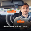 Car interior with a dashboard camera and a man sitting inside, featuring text about hands-free voice control.