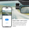 Car dashboard with a camera and smartphone displaying app control, with text about WiFi and app control.