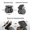 Car dashboard camera with adjustable bracket and disassembly instructions on a white background