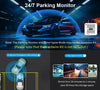 Car parked in a garage with a 24/7 parking monitor system displayed.