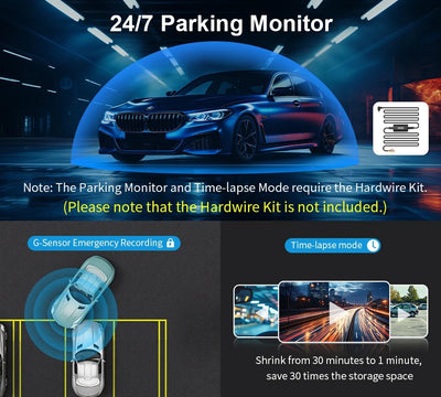 Car parked in a garage with a 24/7 parking monitor system displayed.