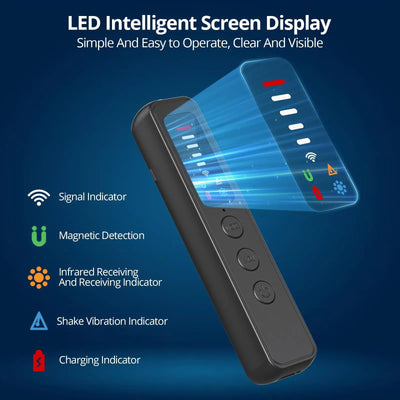 photo of hidden camera detector with LED intelligent screen display on a blue background