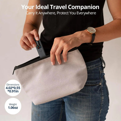Person holding a hidden camera dector device and pouch with text about being an ideal travel companion.