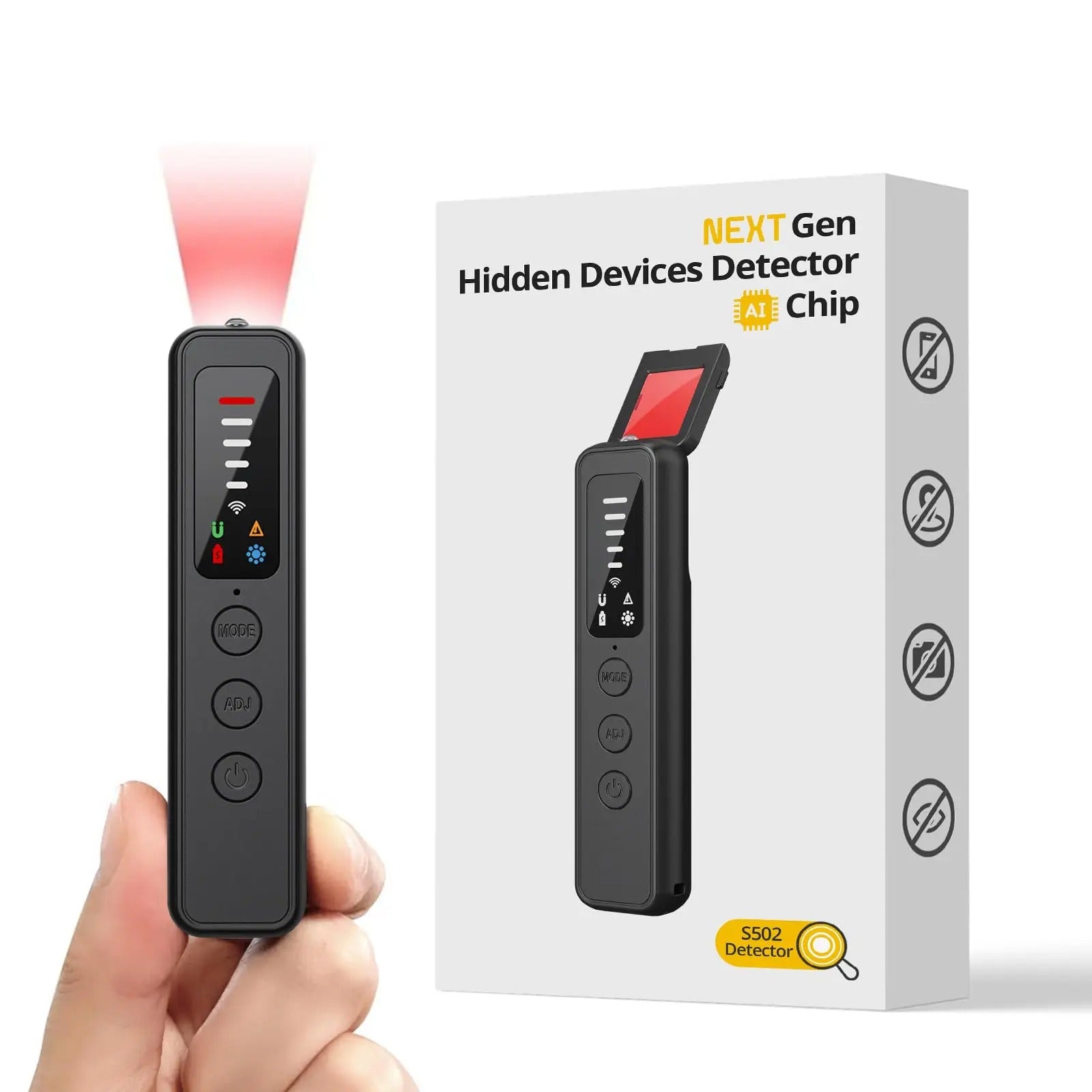 Hidden devices detector with packaging on a white background