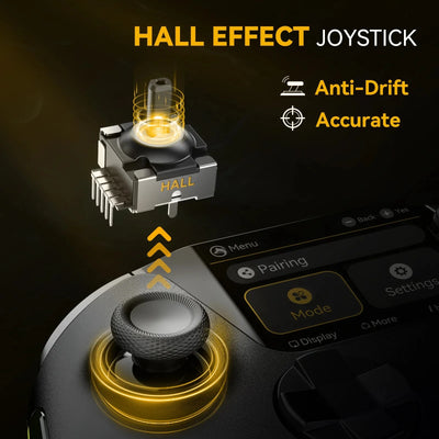 Hall effect joystick with text highlighting features on a dark background
