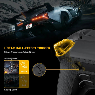 Gaming controller with linear hall-effect trigger and gaming application icons on a dark background