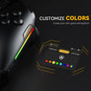 Gaming controller with customizable LED color options on a dark background