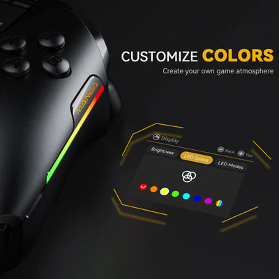 Gaming controller with customizable LED color options on a dark background