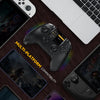 Gaming controller on a wooden surface with 'Multi-Platform Compatibility' text, surrounded by electronic devices.
