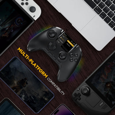 Gaming controller on a wooden surface with 'Multi-Platform Compatibility' text, surrounded by electronic devices.
