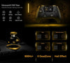 Gaming controller with features highlighted on a dark background