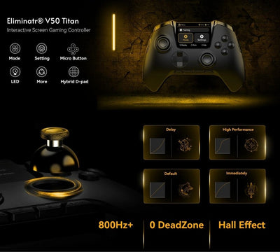 Gaming controller with features highlighted on a dark background
