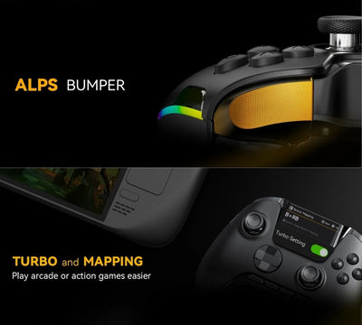 Gaming controller with Alps bumper and turbo mapping features on a dark background