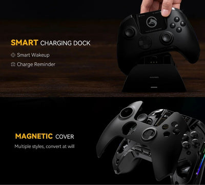 Gaming controller with smart charging dock and magnetic cover on a dark background
