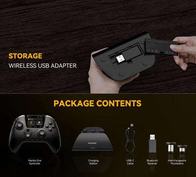 Storage wireless USB adapter with package contents listed on a dark background