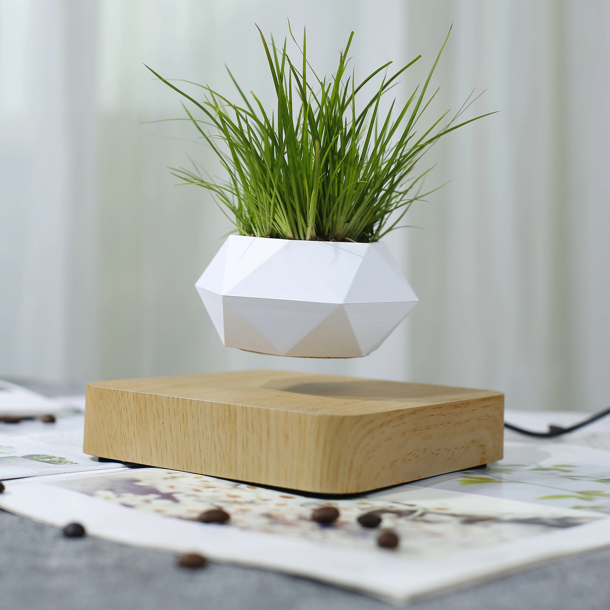 white geometric plant pot Magnetic Floating Levitating Pot Plant – Rotating Air Bonsai Planter- 360° Levitating Planter- Modern Home & Office Décor Style 1
