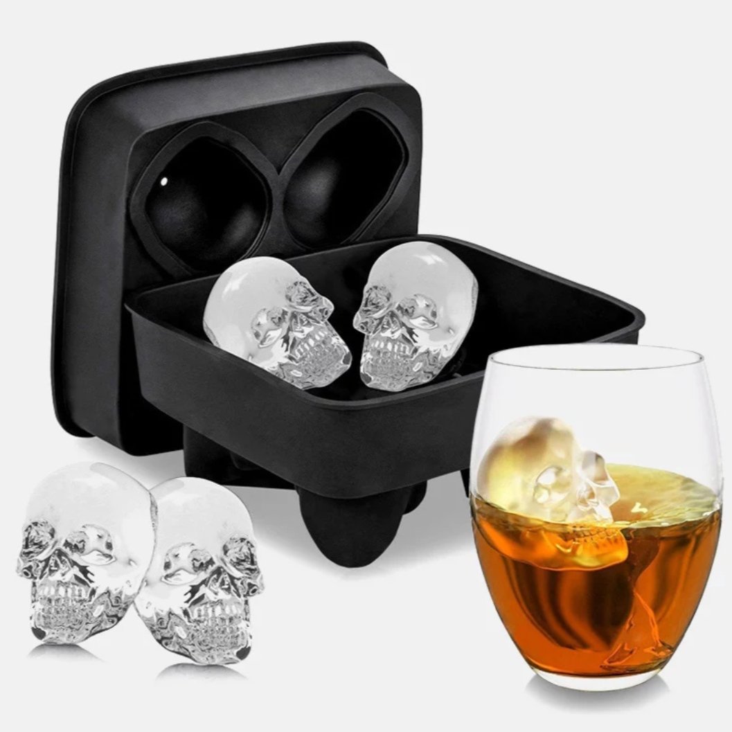 Skull mold DIY 3D Easy Release Silicone Ice Mold 4 Skulls，for  Christmas，Halloween Decor， Whiskey, Cocktails,Gift for Dad