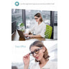 a girl wearing smart glasses in her office